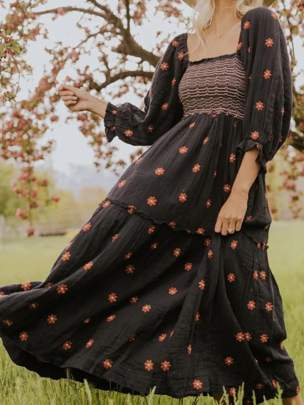 Free People Dahlia Embroidered Maxi Dress S Women's Casual Smocked Daisy Flower
